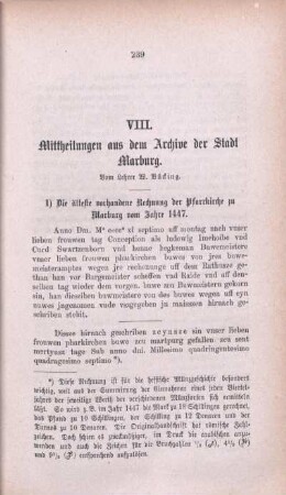 VIII. [i.e. IX] Mittheilungen aus dem Archive der Stadt Marburg.