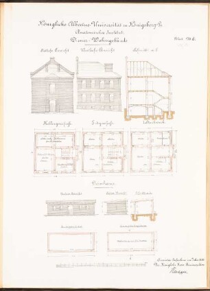 Anatomisches Institut der Albertus-Universität Königsberg: Dienerwohngebäude: Ansichten von Süden, Westen, Schnitt, Grundrisse KG, EG, 1.OG, Beinhaus: Vorder-, Seitenansicht, Schnitt Grundriss des Sockels, EG