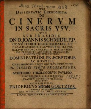 Dissertatio Theologica, De Cinervm In Sacris Vsv