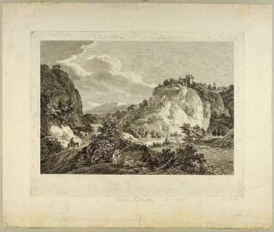 Das Zschopautal mit Burg (Schloss) Wolkenstein im Erzgebirge von Südwesten mit Viehherden und Reisenden im Tal