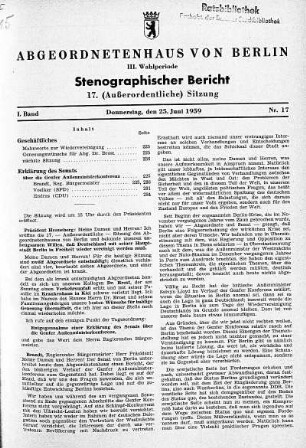 Nr. 17, 25.06.1959 (Außerordentliche Sitzung)