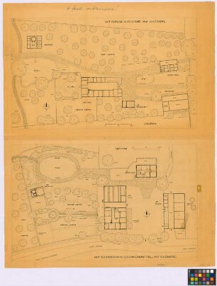 Hohen Schönberg (Kreis Schönberg): Hof Schönbohm und Sülsdorf (Kreis Schönberg): Hof Wiencke. Lageplan Schönbohm mit. - Teich (Umriss). - Mist (Umriss). - Abort (Grundriss). - De Swin-Stall [Schweinestall] (Grundriss). - De Schün [Scheune] (Grundriss). - zwei Gärfutter-Bottiche (zwei Grundrisse). - Dat Hus [Haupthaus] (Grundriss). - Abort (Grundriss). - Dat Backhus [Backhaus] (Grundriss). Lageplan Wiencke mit. - Schap-Stall [Schafstall] (Grundriss). - De Schün [Scheune] (Grundriss). - De Swinkaben [Schweinestall] (Grundriss). - Dat Hus [Haupthaus] (Grundriss). - Teich (Umriss). - Backhus [Backhaus] (Grundriss)