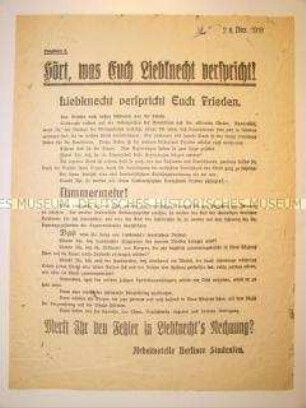 Flugblatt mit Polemik gegen Liebknecht und das Programm des Spartakus-Bundes