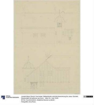 Darmstadt, Stallgebäude mit Kutscherwohnung für Julius Glückert, Skizzenblatt mit Aufrissen der Nord- und Westfassade