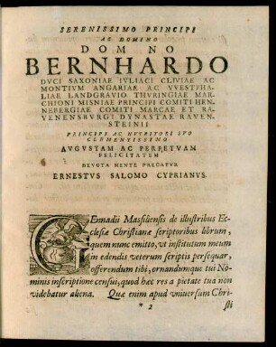 Serenissimo Principi Ac Domino Dom[...]no Bernhardo Duci Saxoniae Iuliaci Cliviae