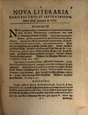 Nova literaria Maris Balthici et Septentrionis. 1701, 1701 = T. 2