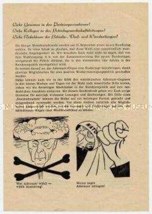 Agitationsmaterial der SED für Parteiorganisationen, Betriebsgewerkschaftsleitungen und Redakteure gegen die CDU-Kandidaten bei den Bundestagswahlen, mit Karikaturen