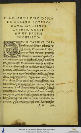 De Servo Arbitrio Marthini Lutheri ad Erasmum Roterodamum