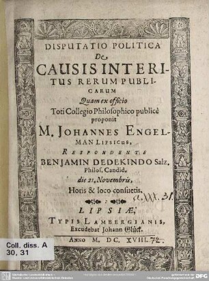 Disputatio politica de causis interitus rerum publicarum