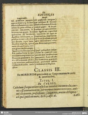 Classis III. De Morborum quorundam ac symptomatum & causis & curationibus