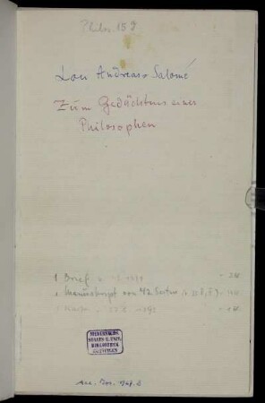 Zum Gedächtnis eines Philosophen. Eine Studie, Berlin, 1891