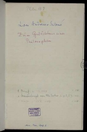 Zum Gedächtnis eines Philosophen. Eine Studie, Berlin, 1891