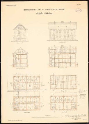Zentralgefängnis für die Provinz Posen, Wronke: Aufseherwohnhaus: Grundriss Keller, Erdgeschoss, Obergeschoss, Dachgeschoss, Aufriss Vorderansicht und Seitenansicht, Längsschnitt, Querschnitt 1:100