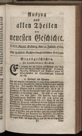 XXIX. Nachl. Coburg, den 21. Julius, 1762.