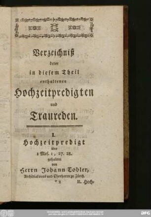 Verzeichniß derer in diesem Theil enthaltenen Hochzeitpredigten und Traurede.