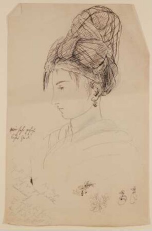 Skizzenblatt mit einer Frau mit Turban [aus einer Mappe mit Skizzenblättern von Gisela von Arnim und Herman Grimm]