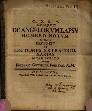 Num Quid De Angelorum Lapsu Homero Notum Fuerit Expendit Et Lectiones Extraordinarias More Solito Indicat Frideric. Gotthilf. Freytag. A.M.