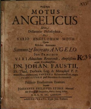 Motus Angelicus Sive Dissertatio Philosophica, De Vario Angelorum Motu