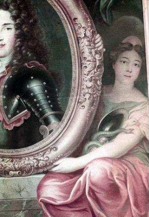 Brustbild des Herzogs Leopold Clemens von Lothringen, gehalten von den Allegorien der Stärke, des Glaubens und der Klugheit, mit den Symbolen der Künste