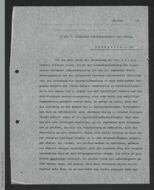 Brief von Unbekannt an die G. Braunsche Hofbuchdruckerei