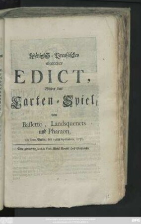 Königlich-Preußisches allgemeines Edict, Wieder das Carten-Spiel, von Bassette, Landsquenets und Pharaon, De Dato Berlin, den 19ten Septembris, 1731.