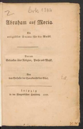Abraham auf Moria : Ein religiöses Drama für die Musik