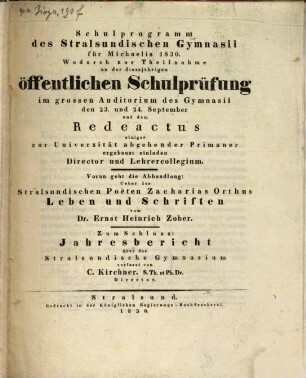 Über des Stralsundischen Poeten Zacharias Orthus Leben und Schriften