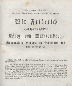 Königliches Manifest, die neue Eintheilung des Königreichs betreffend