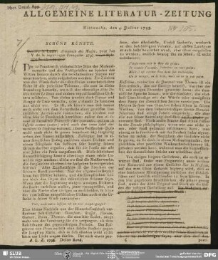 Allgemeine Literatur-Zeitung, Nr. 205, vom 04.07.1798 (unvollständig, m. eigenh. Korrekturen August Wilhelm von Schlegels), Jena