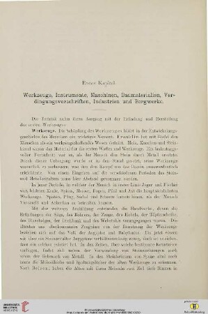 Erstes Kapitel: Werkzeuge, Instrumente, Maschinen, Baumaterialien, Verdingungsvorschriften, Industrien und Bergwerke