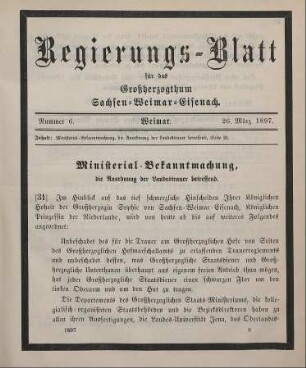 31. Ministerial-Bekanntmachung, die Anordnung der Landestrauer betreffend