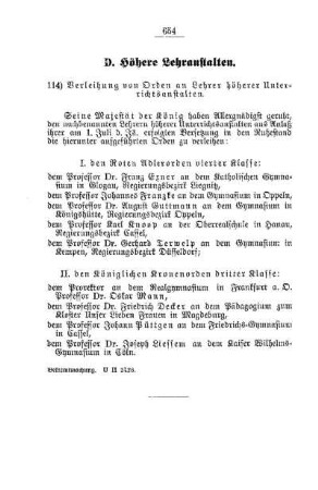 Verleihung von Orden an Lehrer höherer Unterrichtsanstalten : [D. Höhere Lehranstalten]