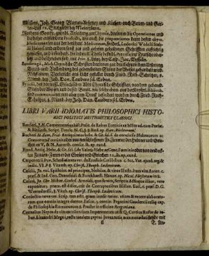 Libri Varii Idiomatis Philosophici Historici Politici Arithmetici Classici.