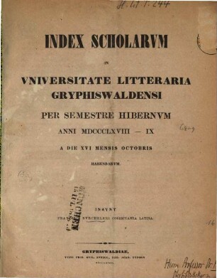 Index scholarum in Universitate Litteraria Gryphiswaldensi ... habendarum, WS 1868/69