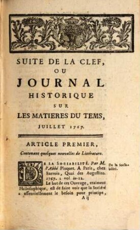Suite de la clef ou journal historique sur les matières du tems : contenant quelques nouvelles de littérature & autres remarques curieuses, 102.1767