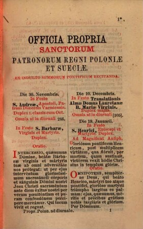 Officia propria Sanctorum Patronorum Regni Poloniae et Sueciae ad Horas diurnas