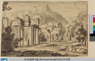 Berglandschaft mit Ruine eines antiken Gebäudes