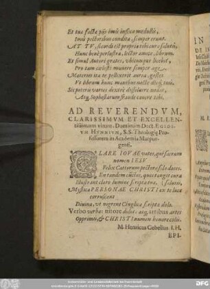 Ad Reverendum, clarissimum et excellentissimum virum, Dominum Doct. Egidium Hunnium, S. S. Theologie Professorem in Academia Marpurgensi.