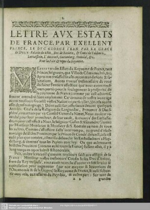 Lettre Aux Estats De France, Par Exellent Prince, Le Duc George I'ean Par la Grace de Dieu: Palatin du Rhin, Duc de Baviere, [et] Conte de Veldentz, Lutzelstein, L'Autereck, Guttenberg ...