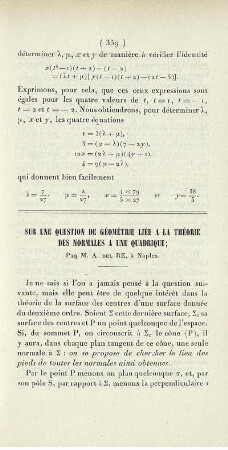 Sur une question de géométrie liée a la théorie des normales a une quadrique.