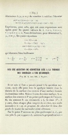 Sur une question de géométrie liée a la théorie des normales a une quadrique.