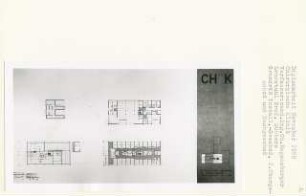 Chirurgische Klinik, Berlin-Nikolassee (Diplomarbeit bei Kurt Dübbers): Grundrisse Installationsgeschoss, 2. Obergeschoss und Dachgeschoss 1:200