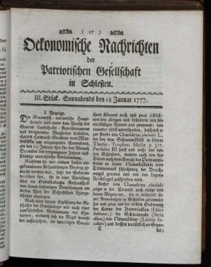 III. Stück. Sonnabends den 18 Januar 1777.