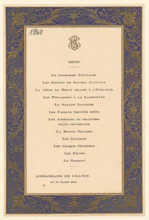 Menükarte : Menü, Ambassade de France