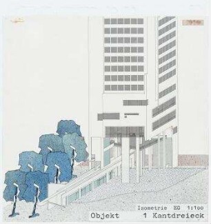 Städtebaulicher Ideenwettbewerb "Fasanenstraße", 2. Stufe, Engerer Bauwettbewerb (nicht realisiert) – Kantdreieck: Isometrische Projektion. Berlin-Charlottenburg/Wilmersdorf, Grolmanstraße 41-43, Kantstraße 155-157, Fasanenstraße 81, Fasanenstraße 76-77, Uhlandstraße 18-19
