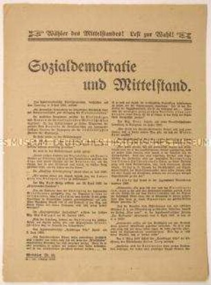 Gegen die Sozialdemokraten gerichteter Wahl- und Beitrittsaufruf der Deutschnationalen Volkspartei an den Mittelstand über das Verhältnis von Sozialdemokratie und Mittelstand