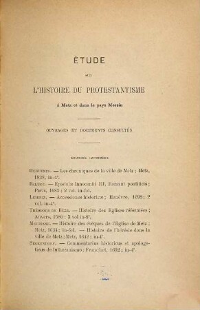 Étude sur l'histoire du protestantisme à Metz et dans le pays Messin