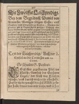 Die Zwölffte Leichpredigt. Bey dem Begräbniß Daniel von Arnimbs/ Moritzen seligen Sohn ...