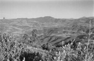 Landschaft im Gebirge : Blick über die Vegetation einer Tallandschaft und Bergformationen des Chercher-Gebirges.
