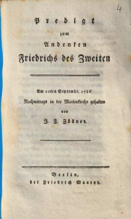 Predigt zum Andenken Friedrichs des Zweiten : am 10. Septembr. 1786 Nachmittags in der Marienkirche gehalten